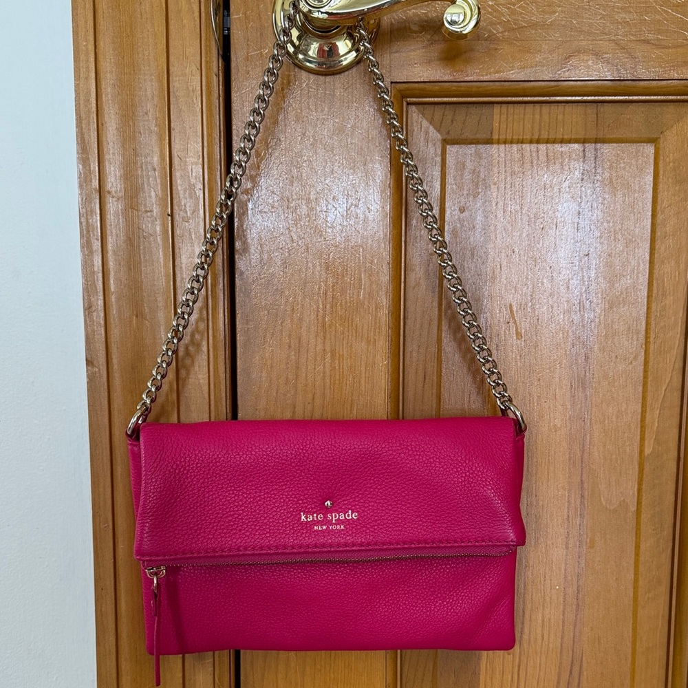 Kate Spade Fuchsia Leather Clutch with Chain Strap. New Without Tags.